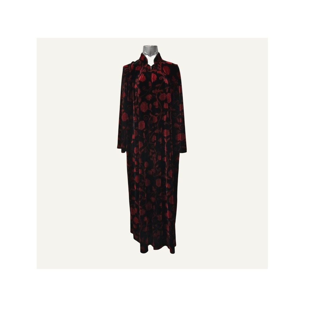 Vintage Diamond Tea Velvet House Coat Robe Red Black Floral Zipper Front Large